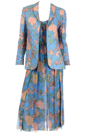 1970s Galanos Numbered Blue Floral Silk Chiffon 2pc Dress & Quilted jacket