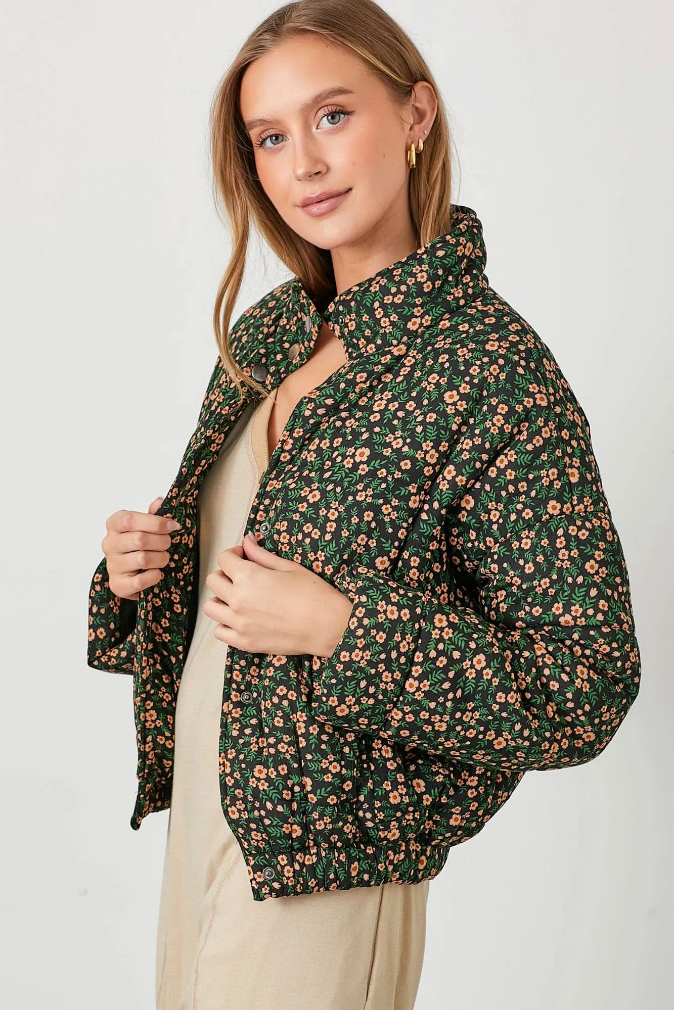 Black Floral Snap Button Puff Jacket