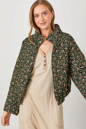 Black Floral Snap Button Puff Jacket