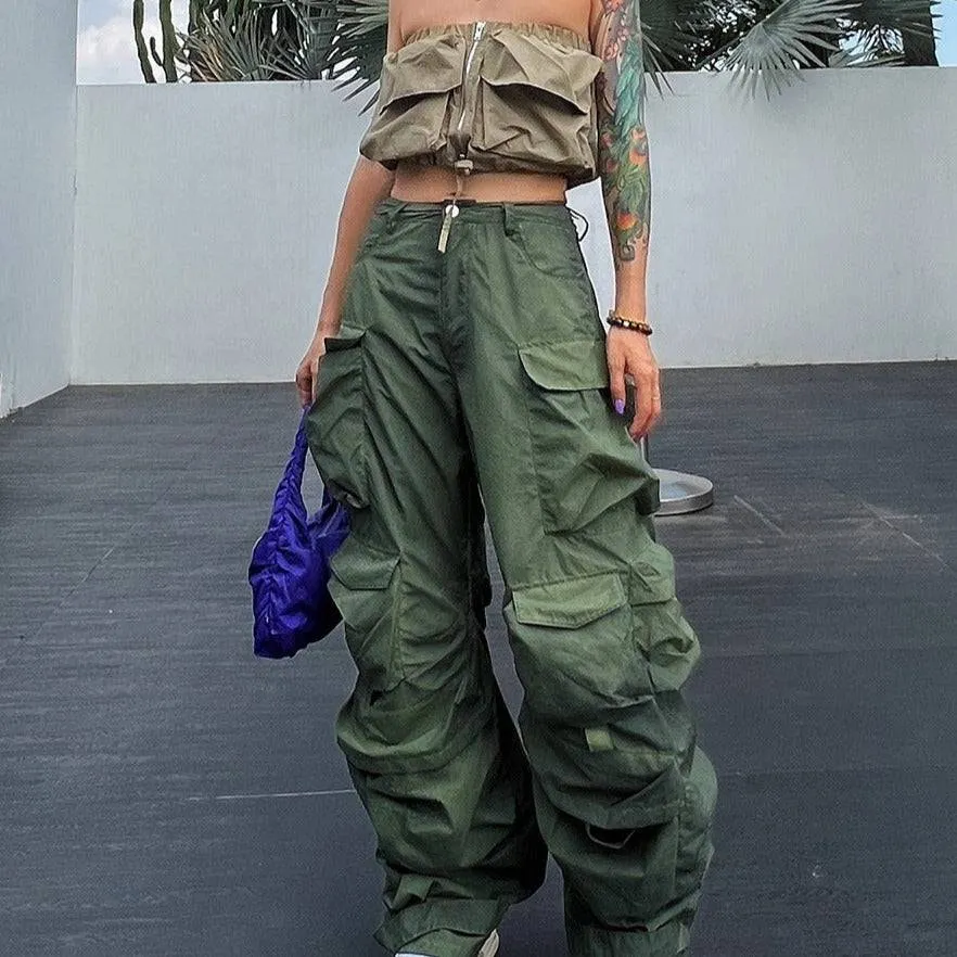 Cambrie High Waist Patchwork Pockets Cargo Pants