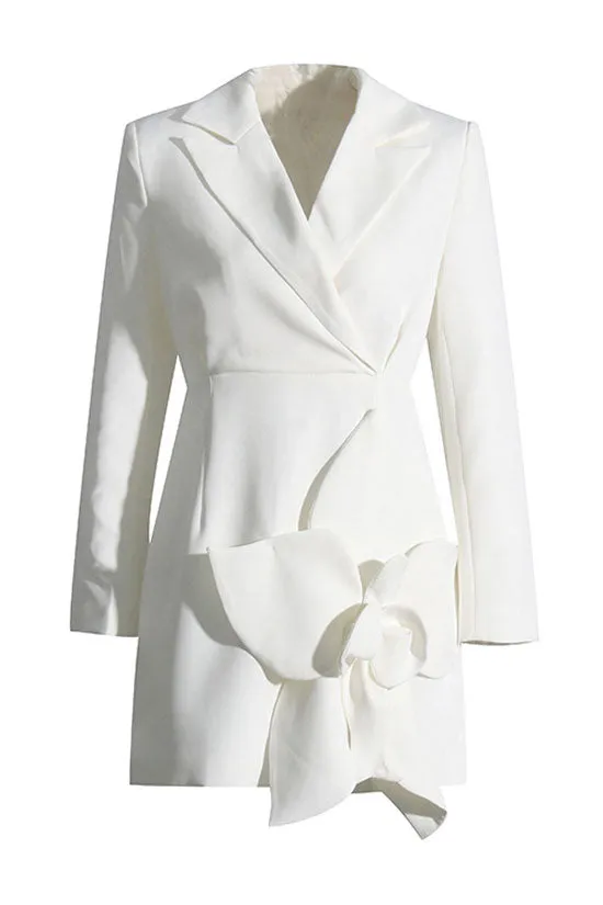 Chic Rosette Applique Lapel Shoulder Pad Long Sleeve Blazer Mini Dress - White