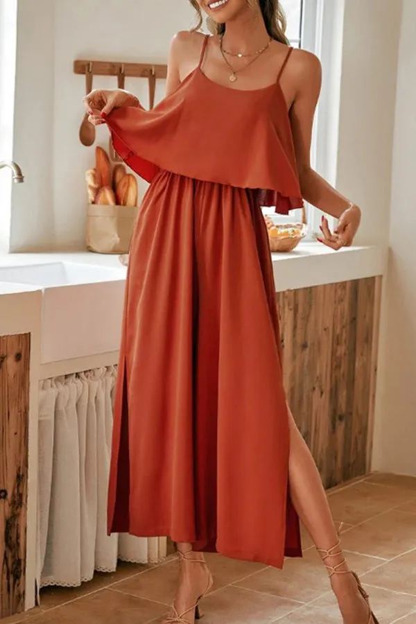 Comfort slit ruffled suspenders jumpsuit