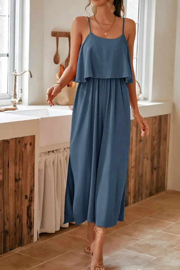 Comfort slit ruffled suspenders jumpsuit