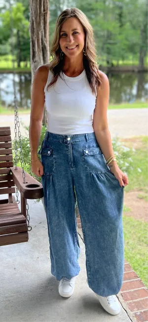 Dare Me Denim Wash Wide Leg Pants