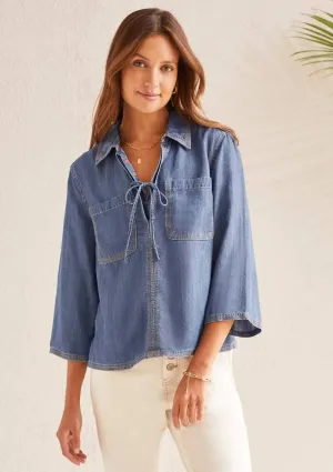 Elbow Sleeve Pop-Over Blouse with Lace-Up - Chambray