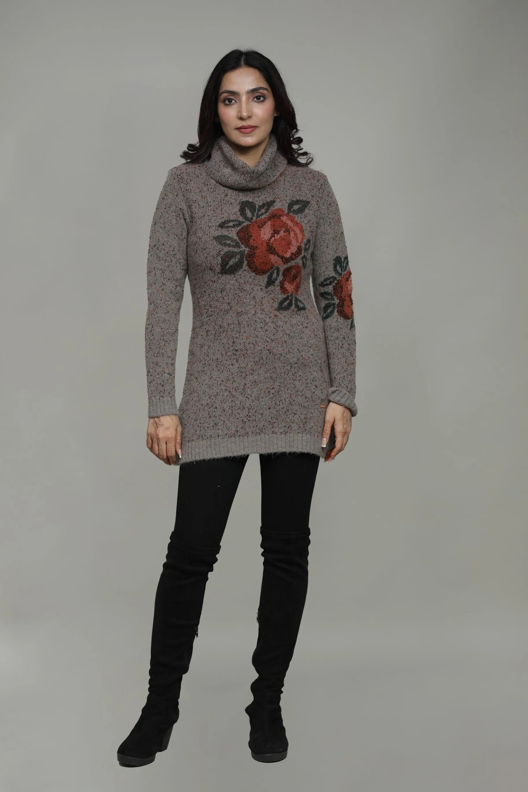 Floral Knitted Cowl Neck Sweater for Women