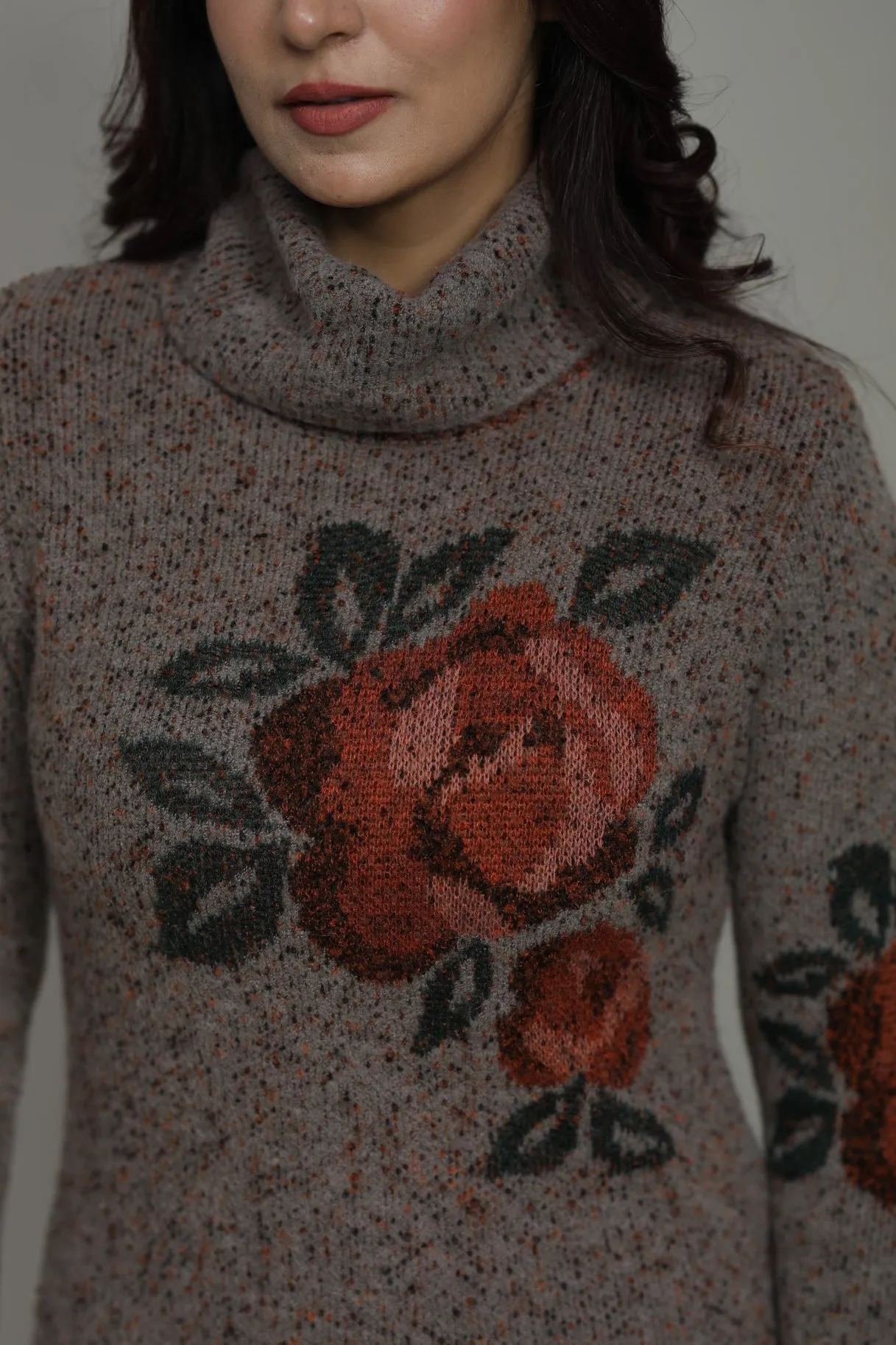 Floral Knitted Cowl Neck Sweater for Women