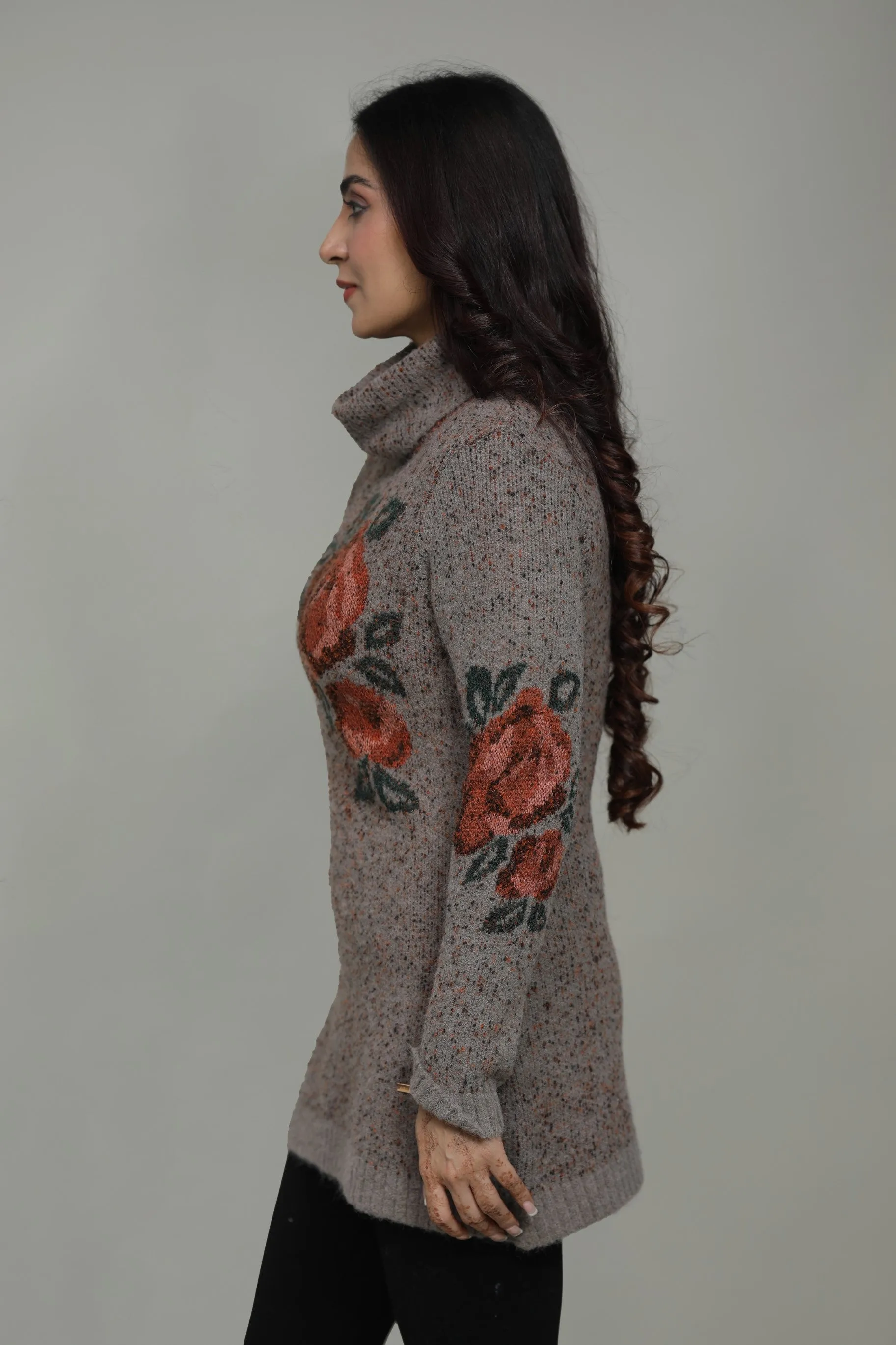 Floral Knitted Cowl Neck Sweater for Women