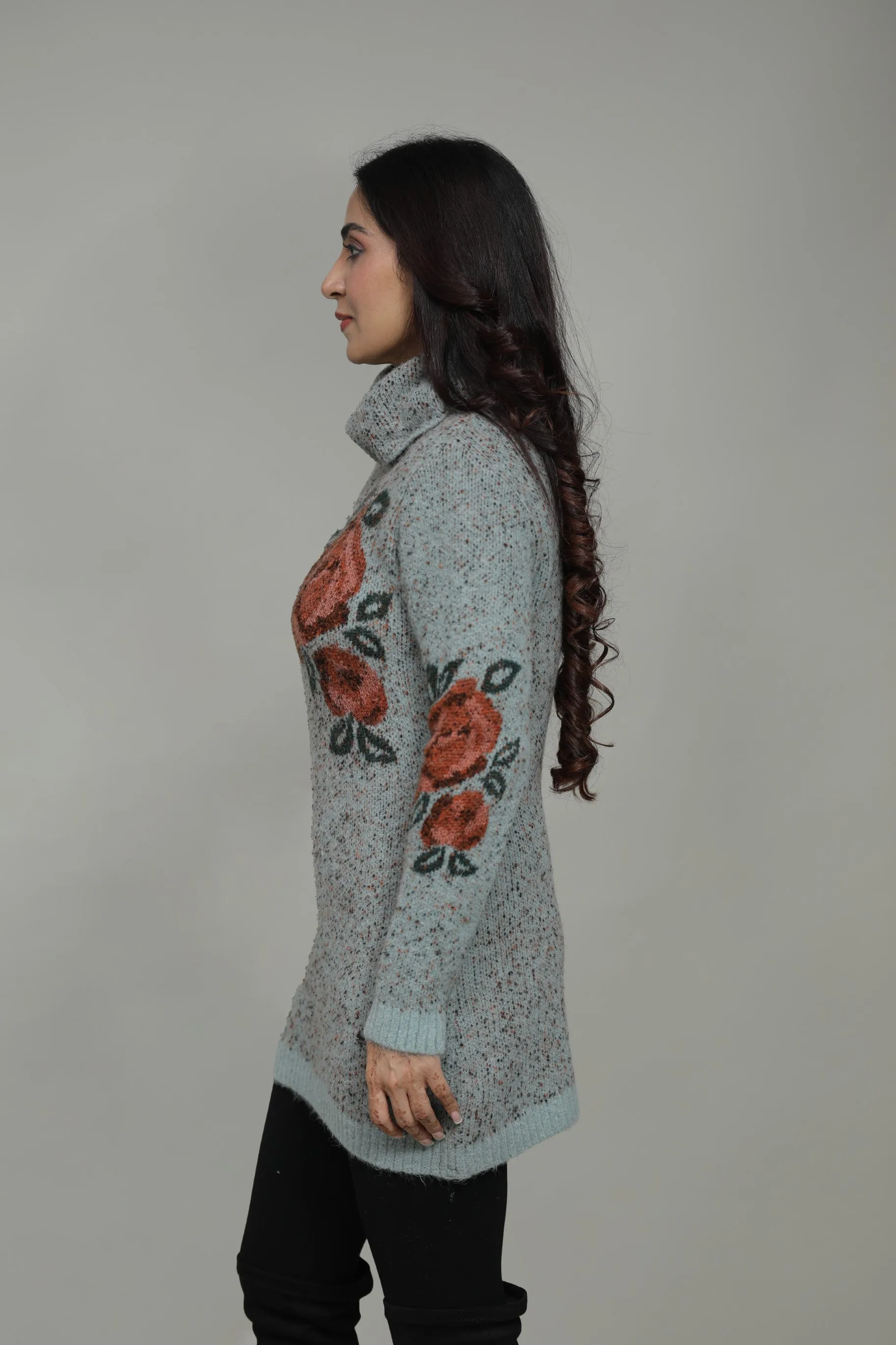 Floral Knitted Cowl Neck Sweater for Women