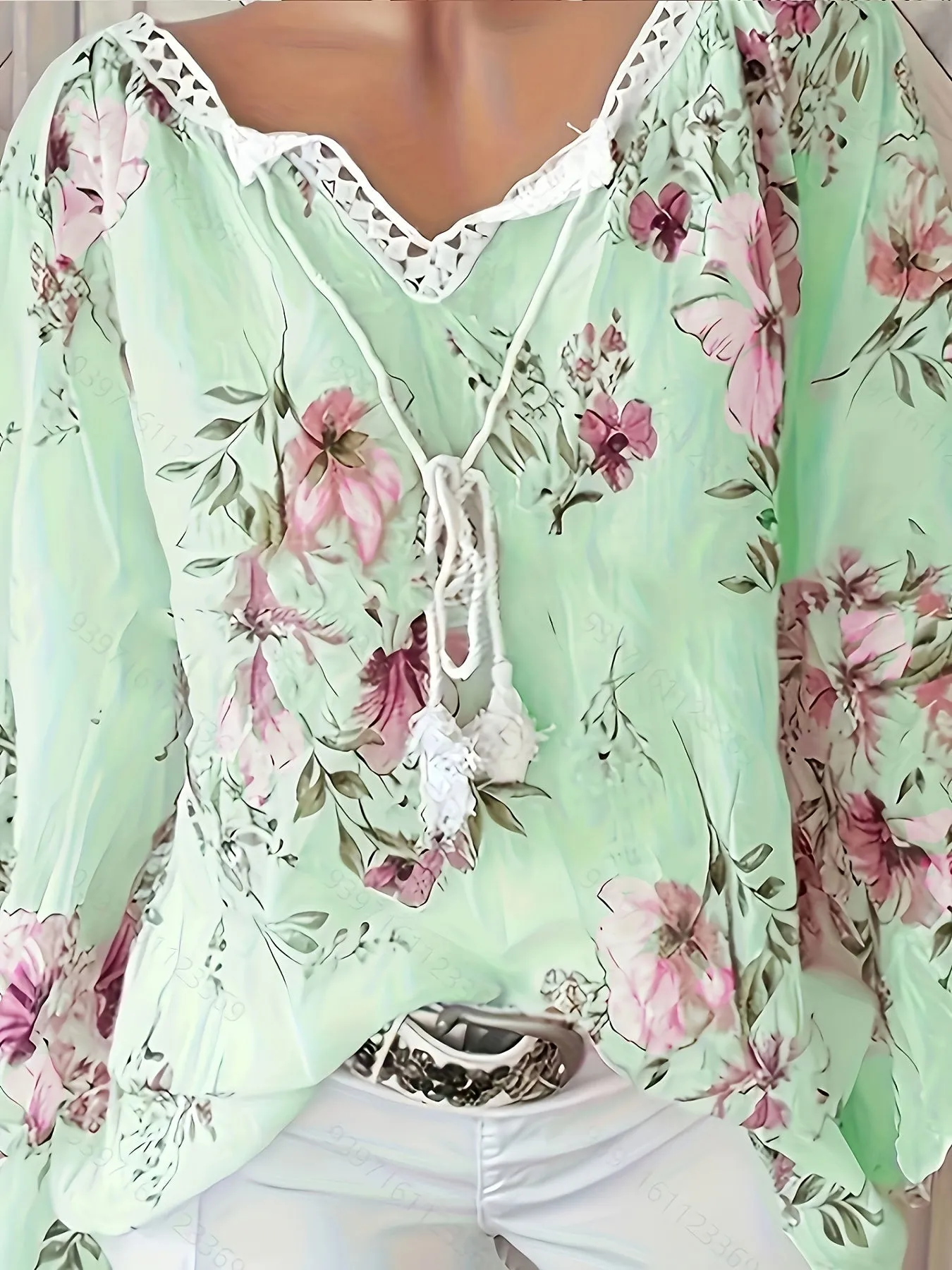 Floral Print Lace Blouse Plus Size Long Sleeve Tunic