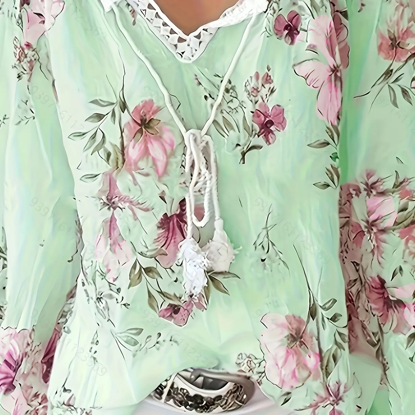 Floral Print Lace Blouse Plus Size Long Sleeve Tunic