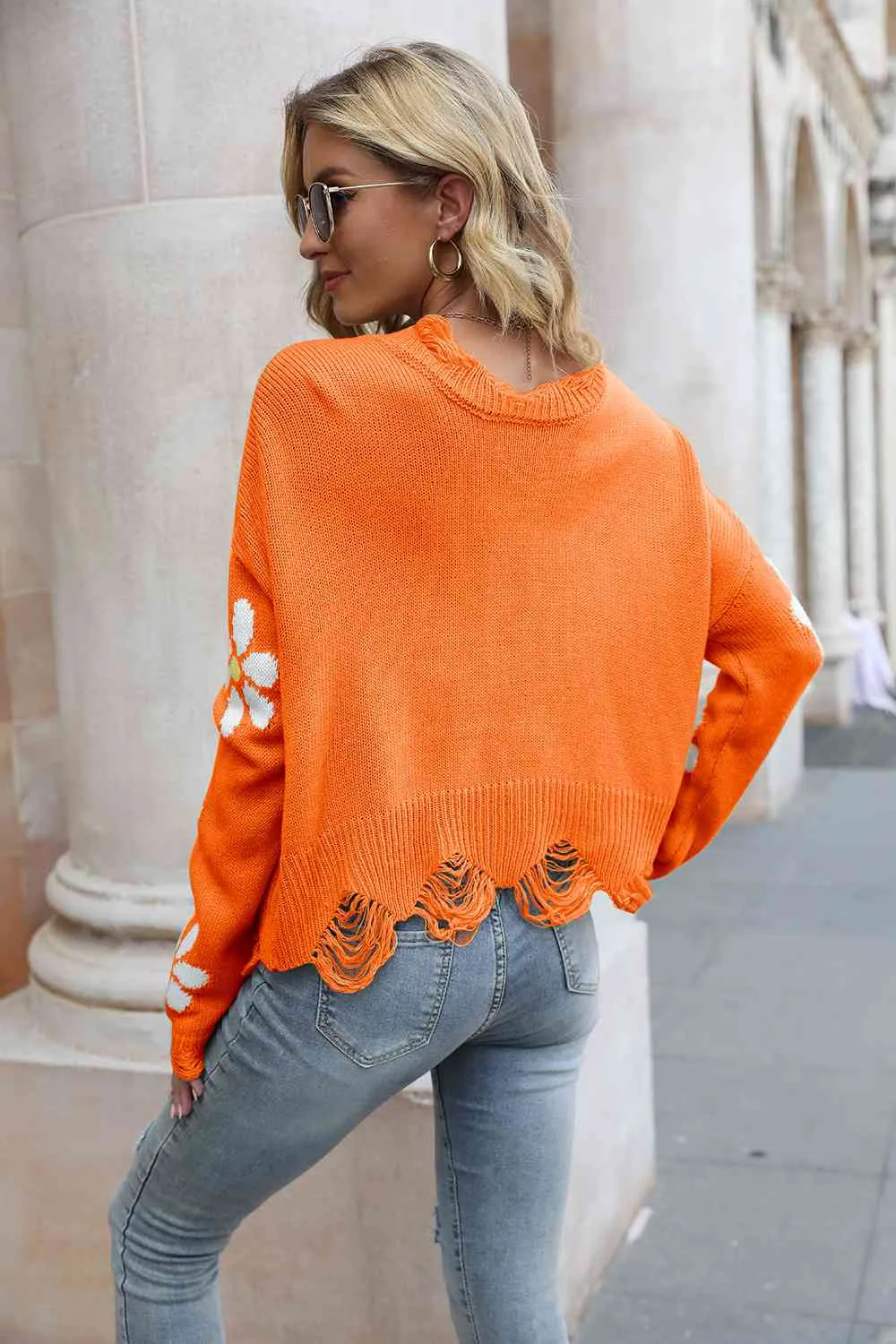 Flower Distressed Long Sleeve Sweater