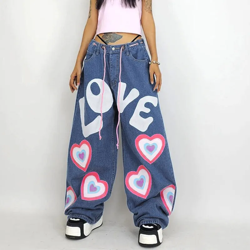 Graffiti printed floor-length wide-leg jeans