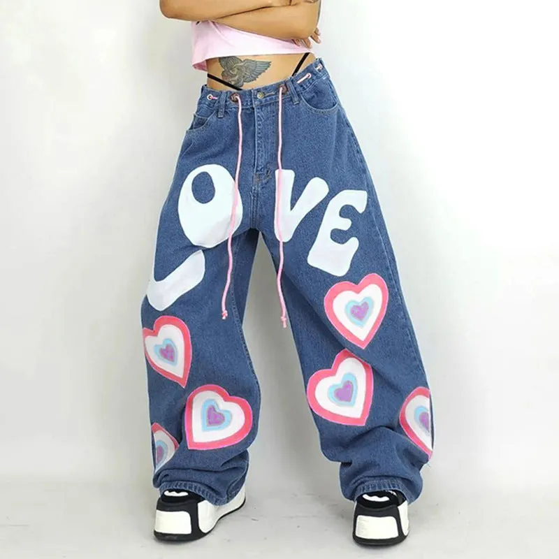 Graffiti printed floor-length wide-leg jeans