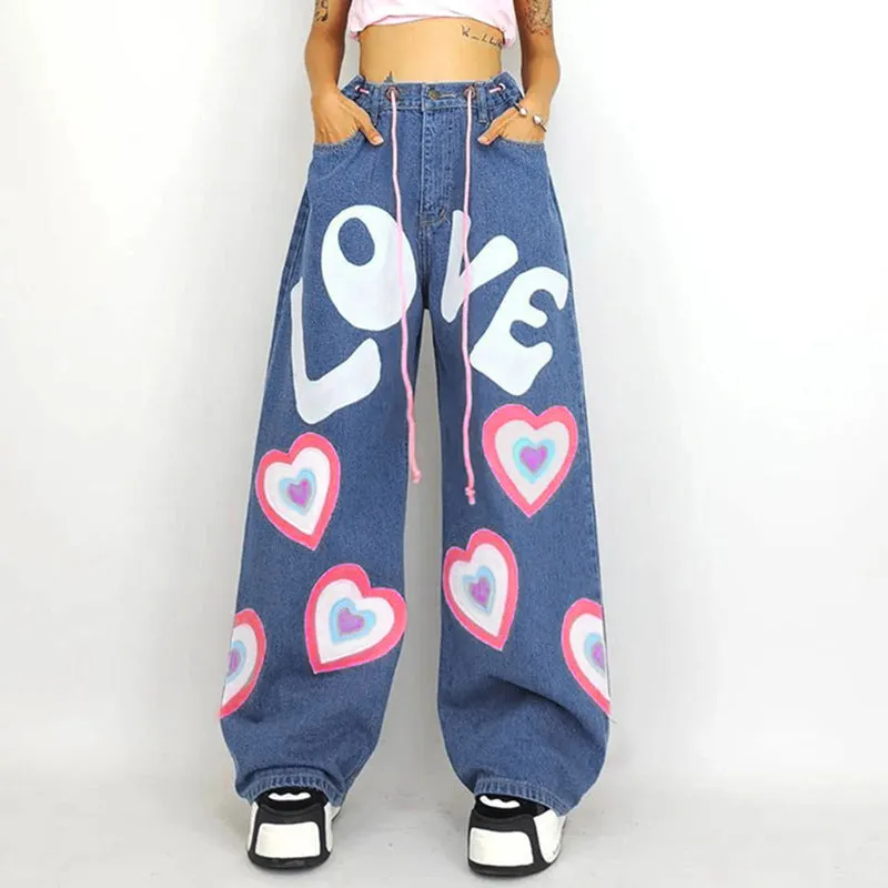 Graffiti printed floor-length wide-leg jeans