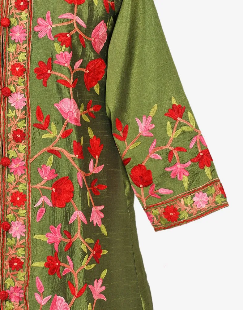 Henna Green Aari Embroidered Silk Jacket