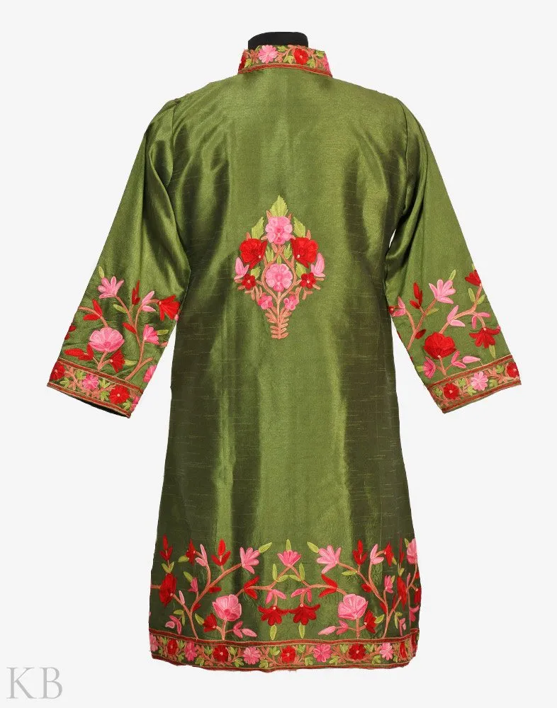 Henna Green Aari Embroidered Silk Jacket