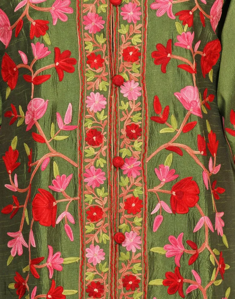 Henna Green Aari Embroidered Silk Jacket