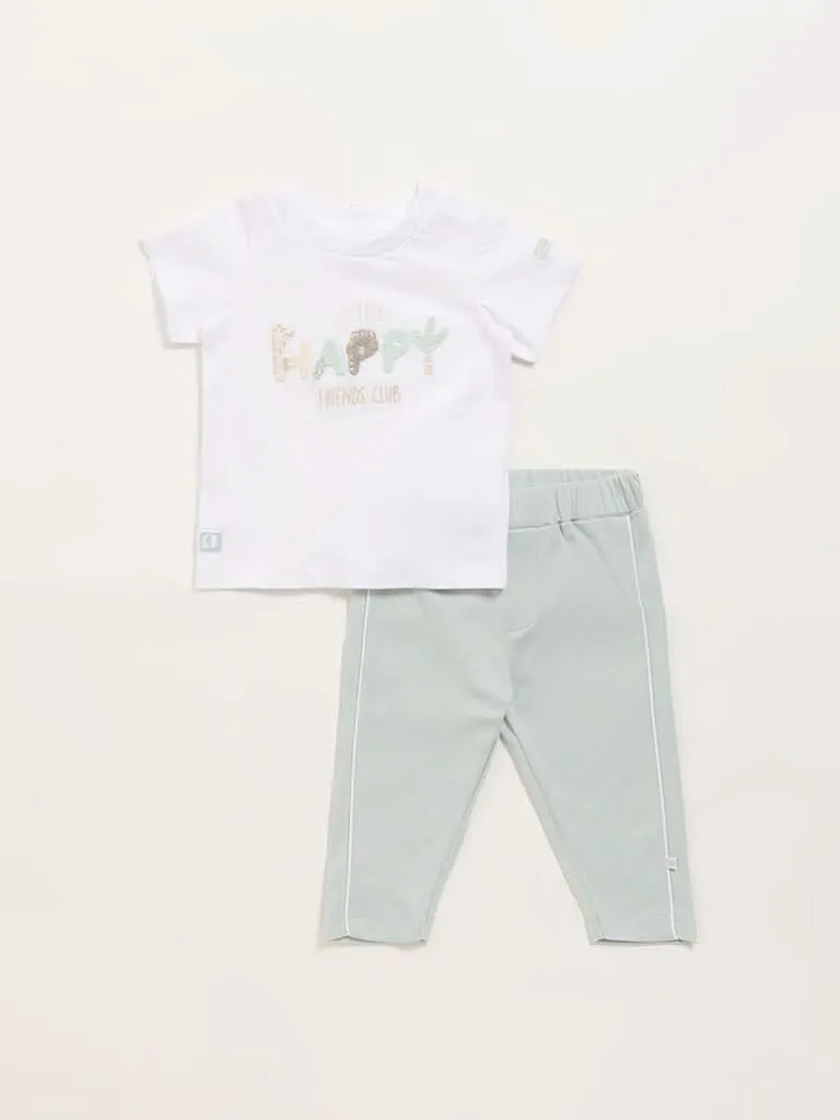 HOP Baby White Embroidered T-Shirt with Pants Set