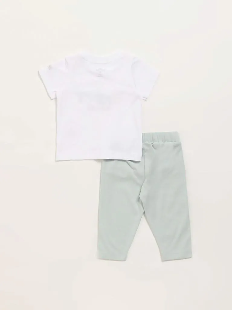 HOP Baby White Embroidered T-Shirt with Pants Set