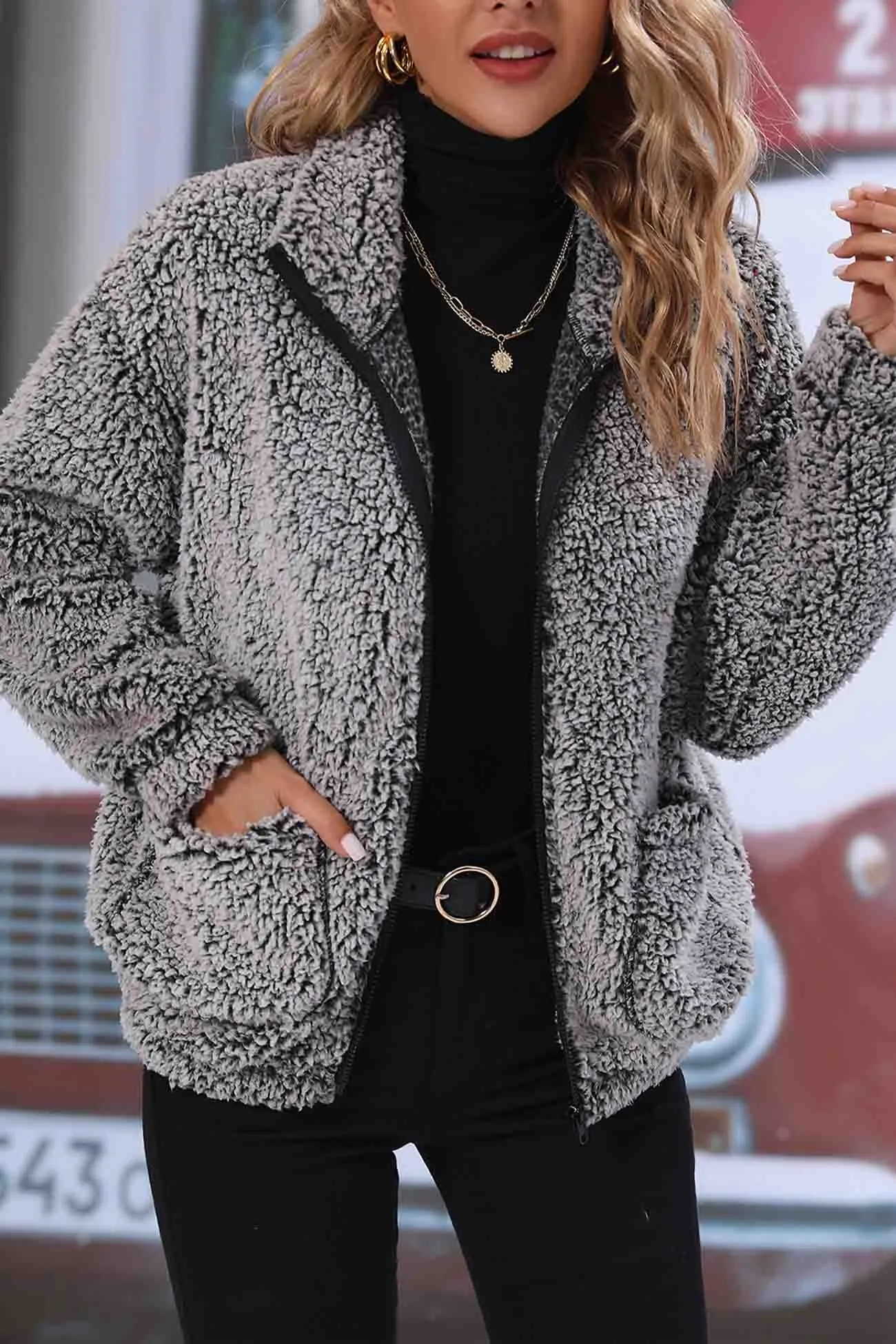 Lapel Long Sleeve Plush Jacket