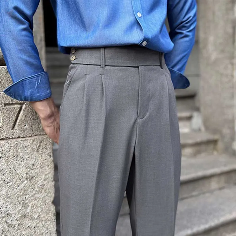 Men's British Business Dress Pants Casual Straight Leg High Waisted Trousers