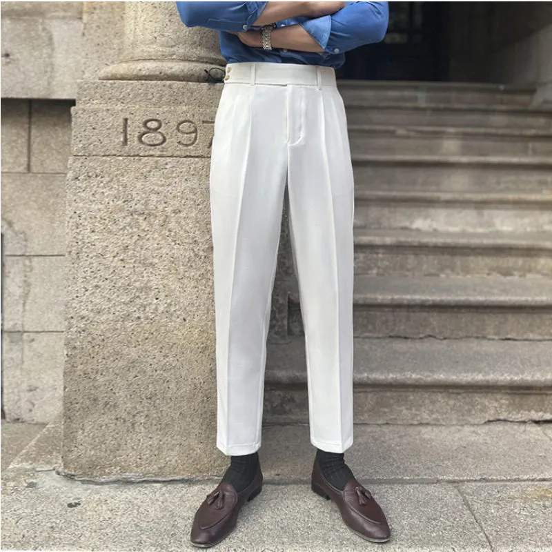 Men's British Business Dress Pants Casual Straight Leg High Waisted Trousers