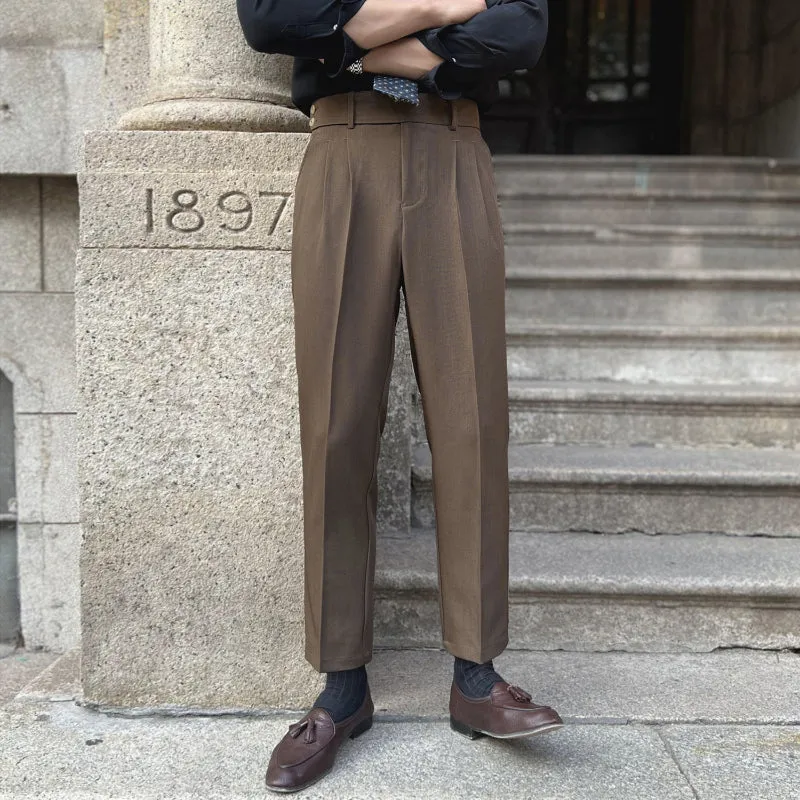 Men's British Business Dress Pants Casual Straight Leg High Waisted Trousers