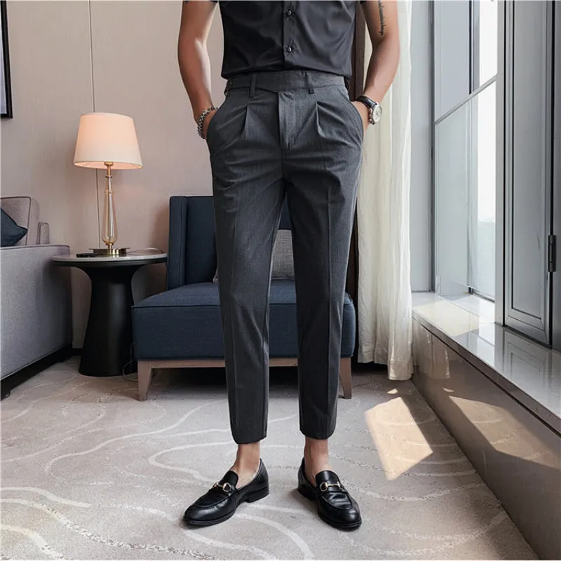 Men's British Business Slim Fit Dress Pants High Waisted Pants