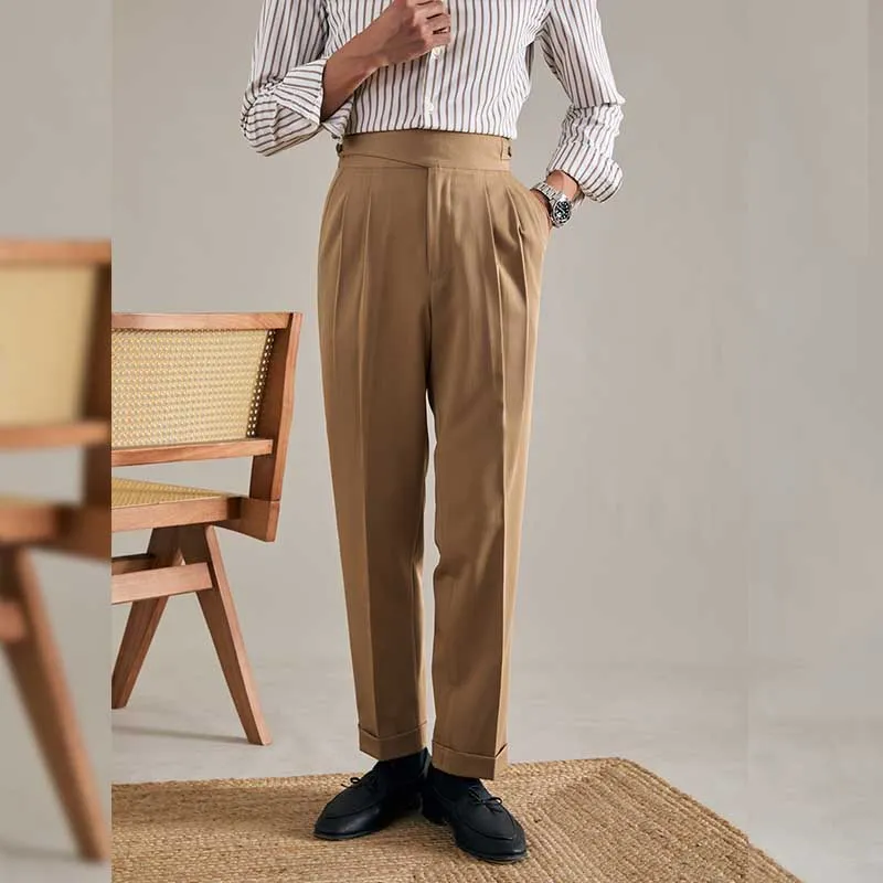 Men's High Waist Straight Pants Retro Business Trousers