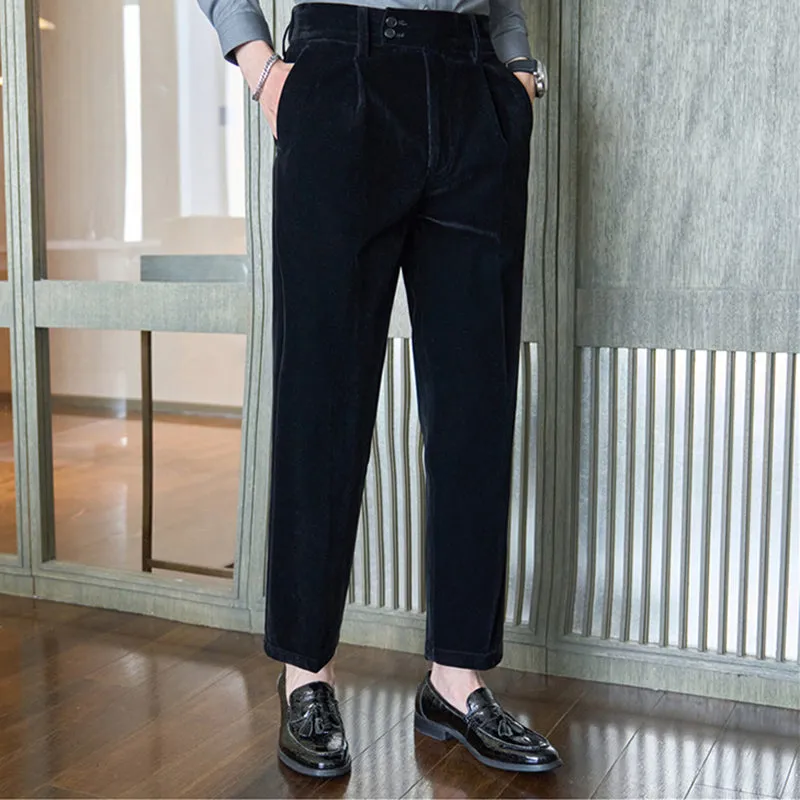 Mens Winter Thickened Velvet High Waist Pants Casual Trousers