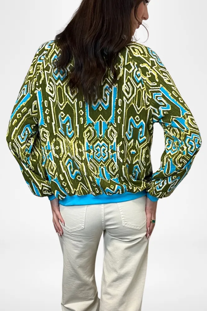 Reversible Bomber Jacket Turquoise & Olive Ikat Print By Pixi Carnival