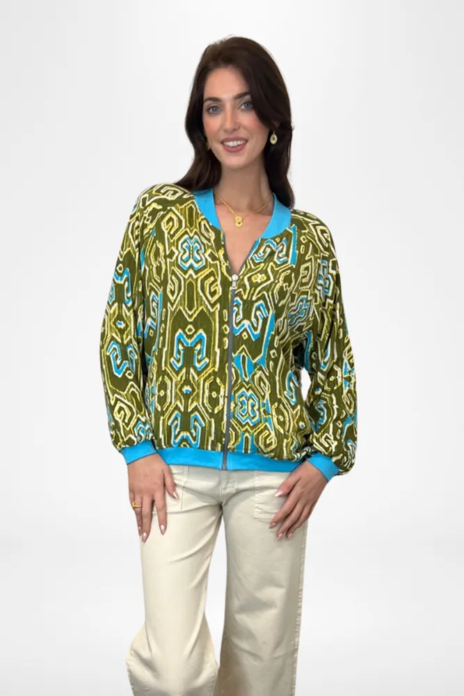 Reversible Bomber Jacket Turquoise & Olive Ikat Print By Pixi Carnival