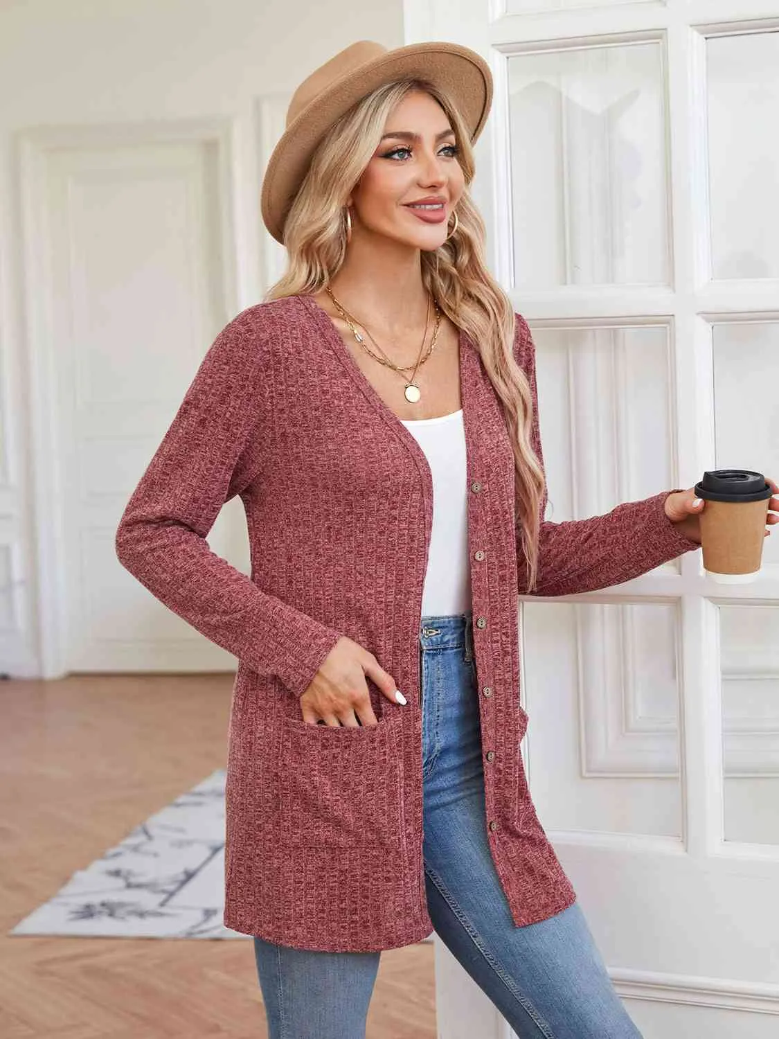 Ribbed Button Up Cardigan with Pockets