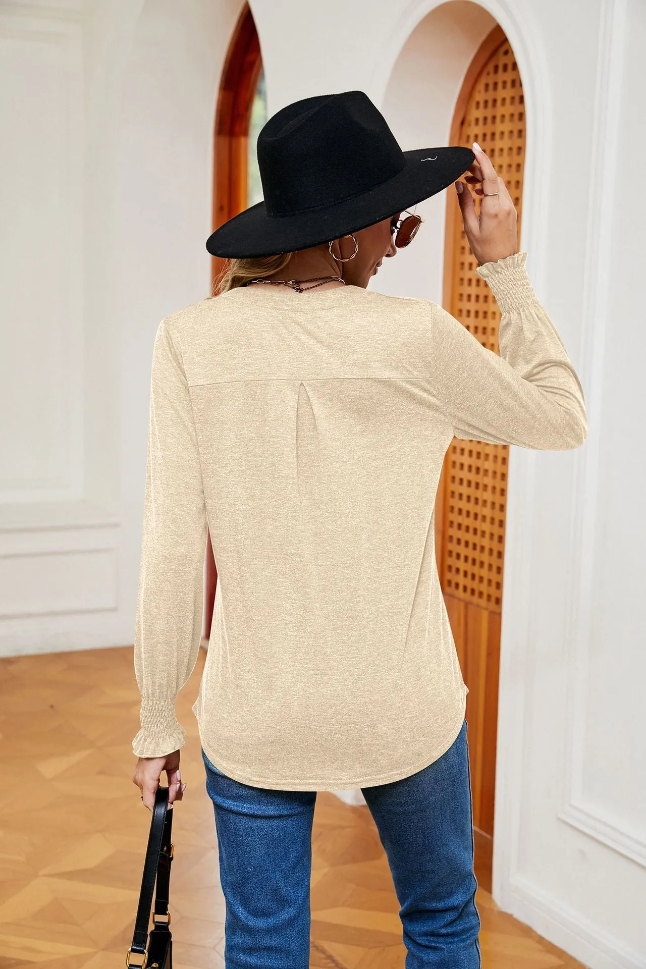 Solid Color V-Neck Long Sleeve Casual Top