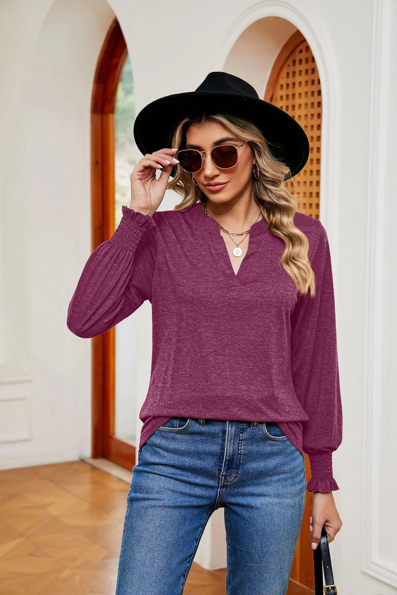 Solid Color V-Neck Long Sleeve Casual Top