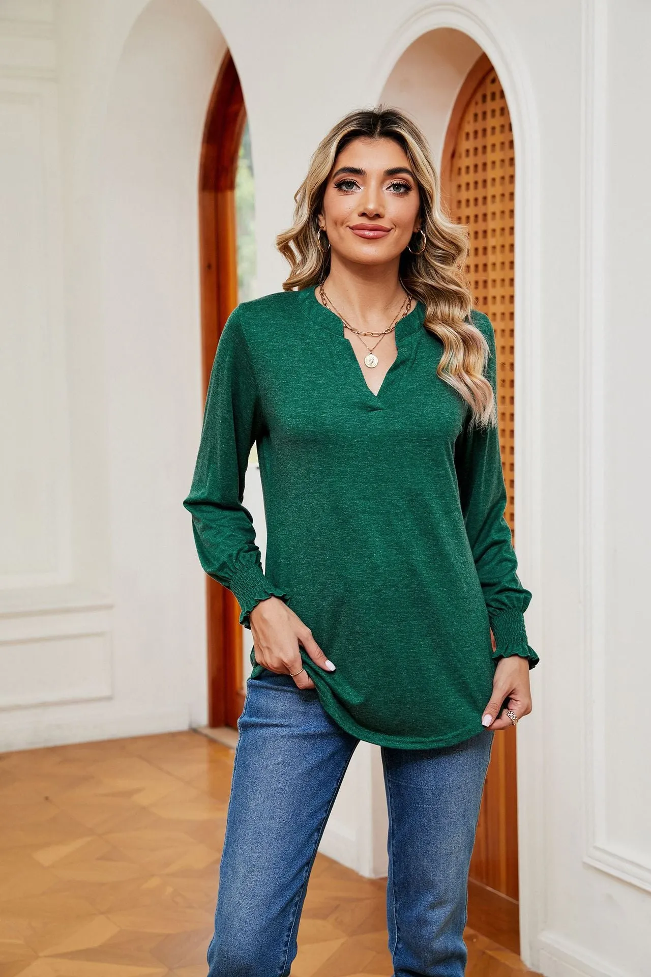 Solid Color V-Neck Long Sleeve Casual Top