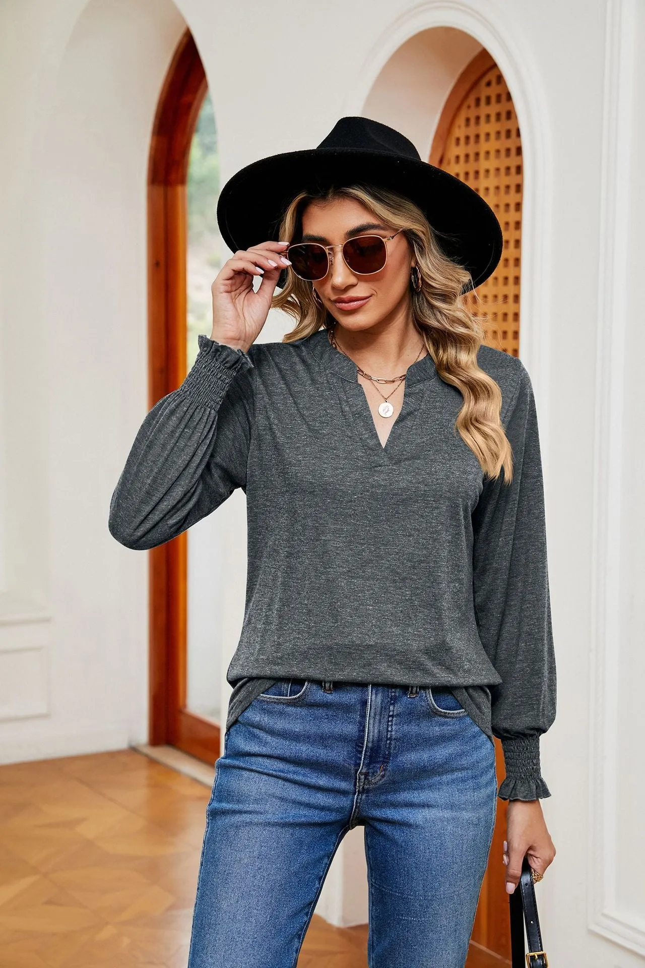 Solid Color V-Neck Long Sleeve Casual Top