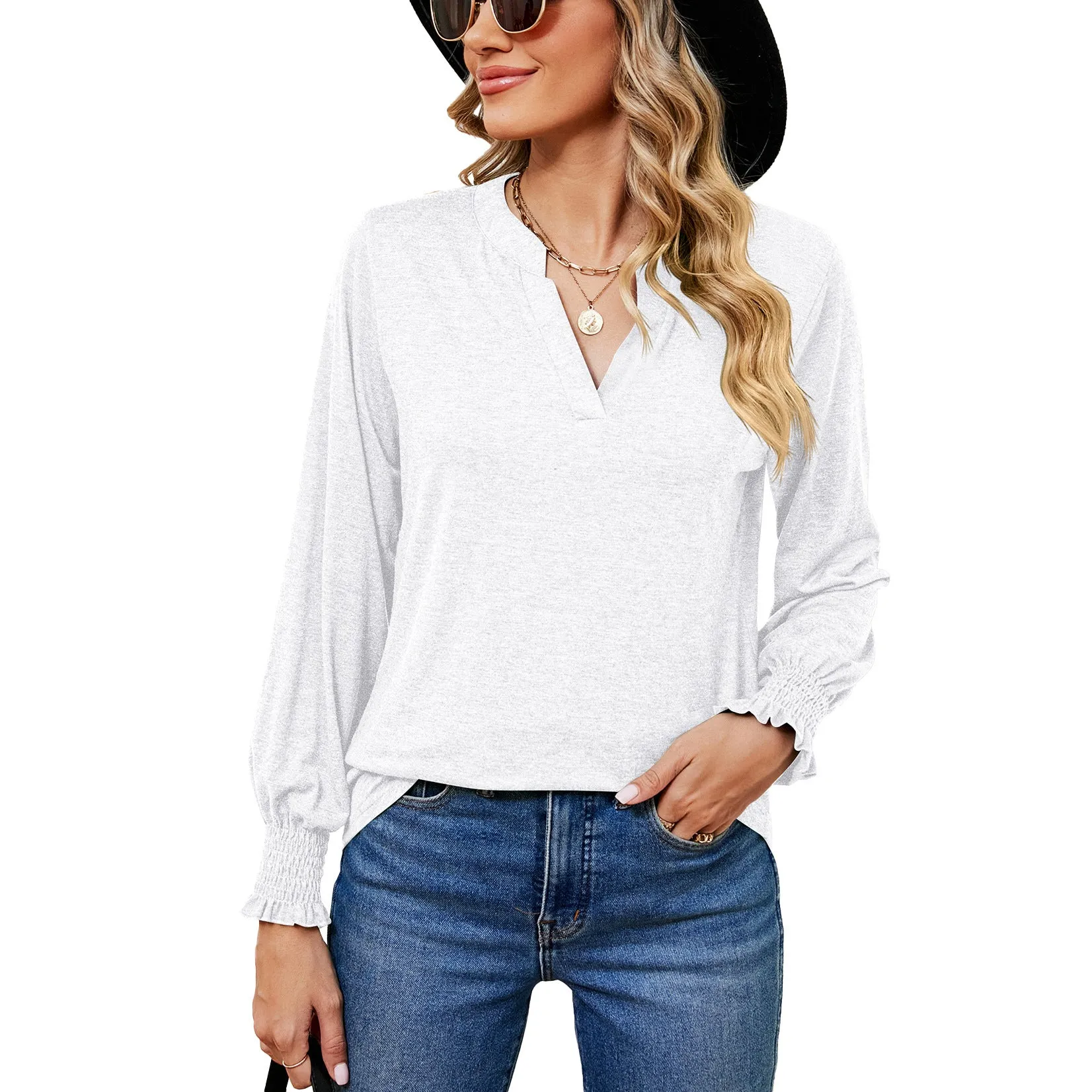 Solid Color V-Neck Long Sleeve Casual Top