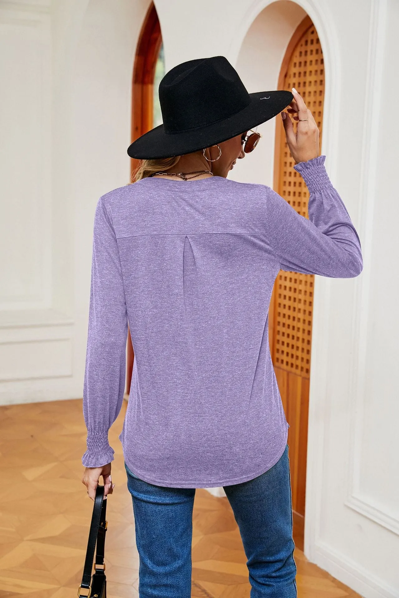 Solid Color V-Neck Long Sleeve Casual Top