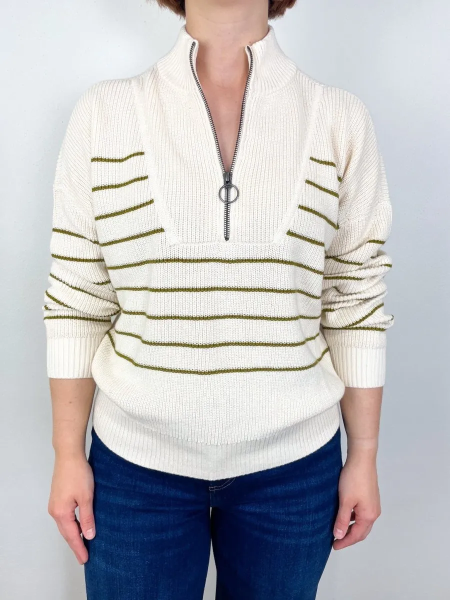 Striped Zip Front Sweater in Cream Stripe