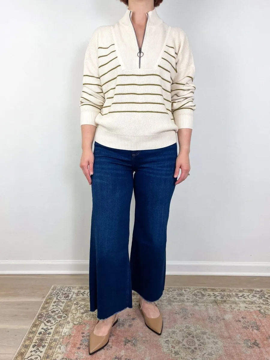 Striped Zip Front Sweater in Cream Stripe