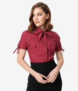 Unique Vintage 1940s Style Burgundy & White Pin Dot Bow Tie Chita Blouse