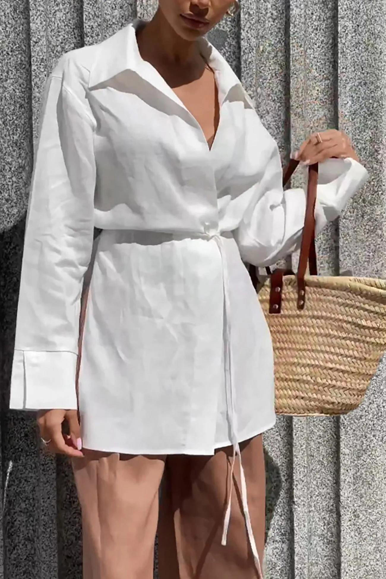 White Cotton Lapel Lace Up Slit Long Sleeve Blouse